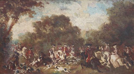 Manner of Francois de Troy (1645-1730) Hunting scene 30 x 53cm. Ex. Collection William de Belleroche